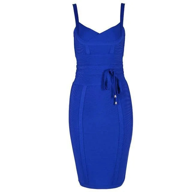 Womens Low Cut V Neck Sleeveless Bodycon Midi Dress Blue Bodycon Dresses JT's Designer Fashion