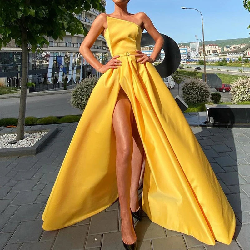 Women Sexy Off Shoulder Elegant High Split Long Gown Yellow Evening Dresses JT's Designer Fashion