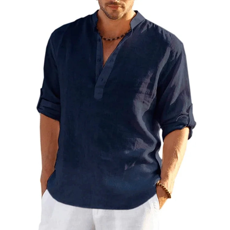 Cotton Long Sleeve Beach Tops for Men navy blue Long Sleeve Tops JT's Designer Fashion