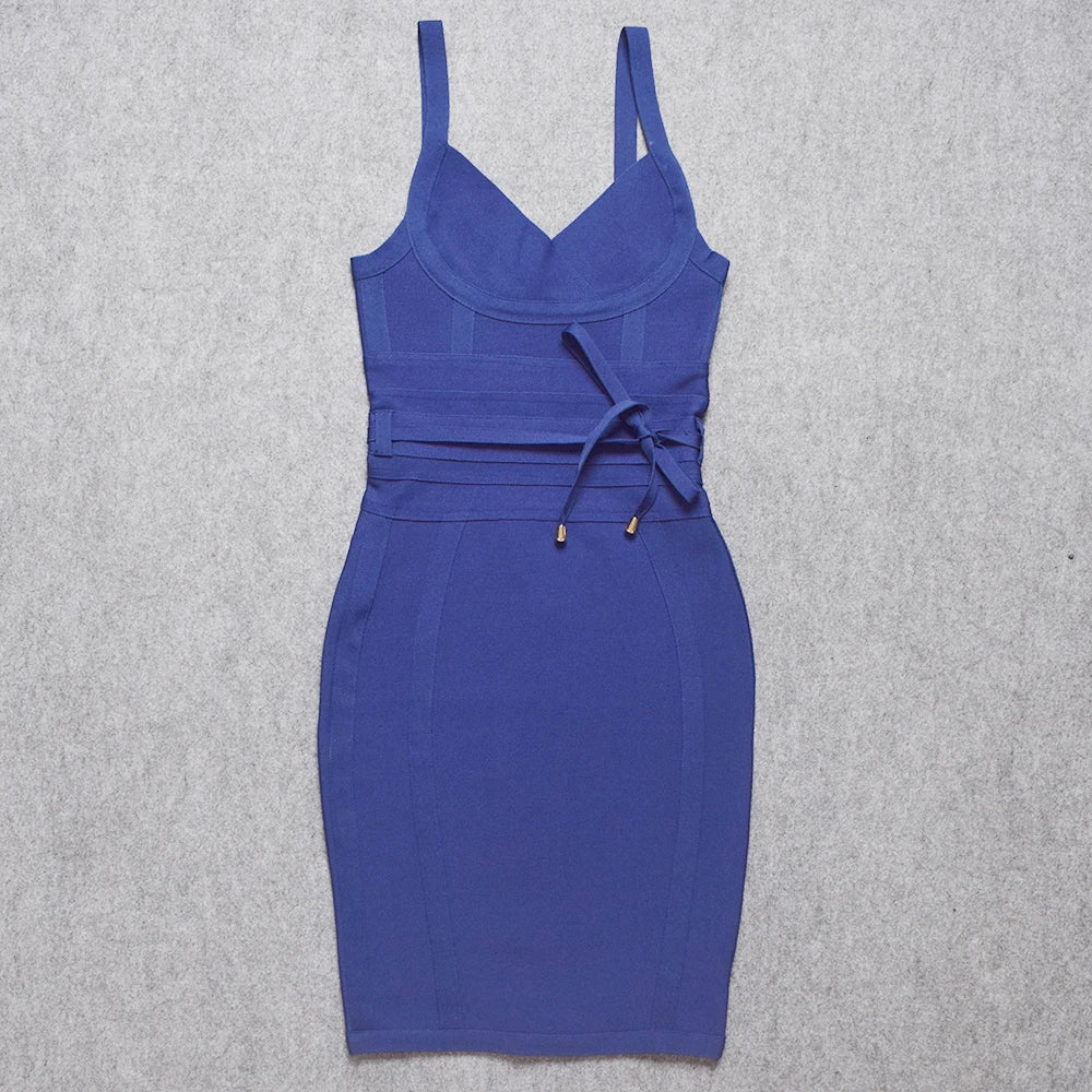 Womens Low Cut V Neck Sleeveless Bodycon Midi Dress Dark Blue Bodycon Dresses JT's Designer Fashion