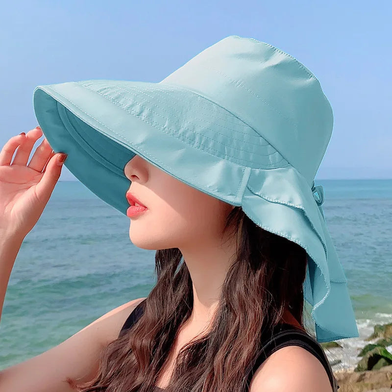 Women's Summer Hat with Wide Brim and Foldable Ponytail Sky Blue One Size Hats & Caps JT's Designer Fashion