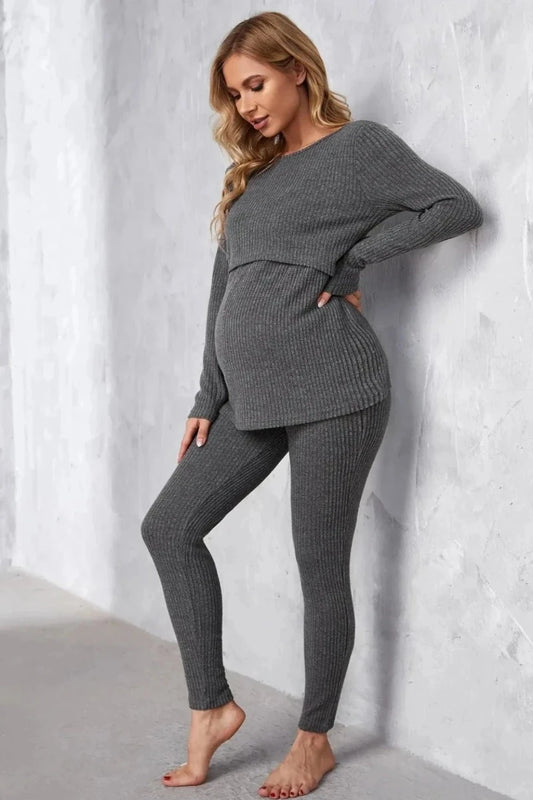 Women's Maternity Solid 2Pcs Breast Feeding Pants Set dark grey Pants Sets JT's Designer Fashion