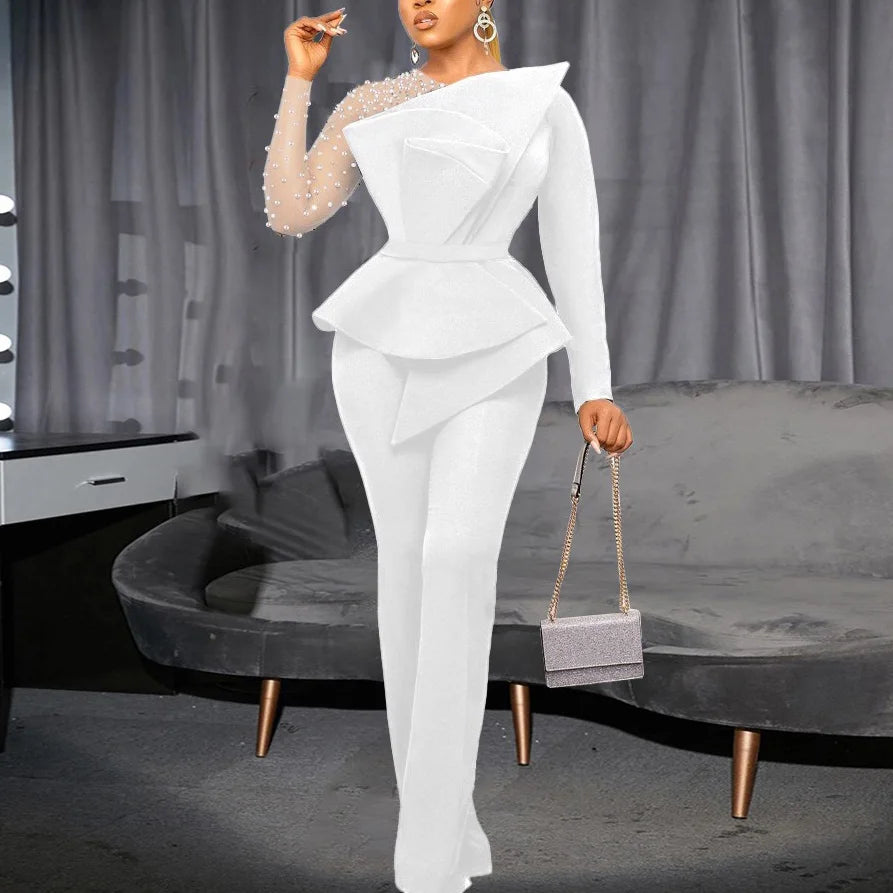 Elegant Beaded Transparent Sleeve High Waisted Jumpsuit White Jumpsuits Jumpsuits & Rompers JT's Designer Fashion