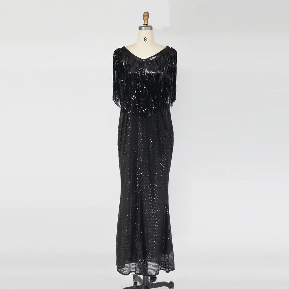 Black Sexy Sequin Tassel Plus Size Elegant Evening Dress Evening Dresses JT's Designer Fashion