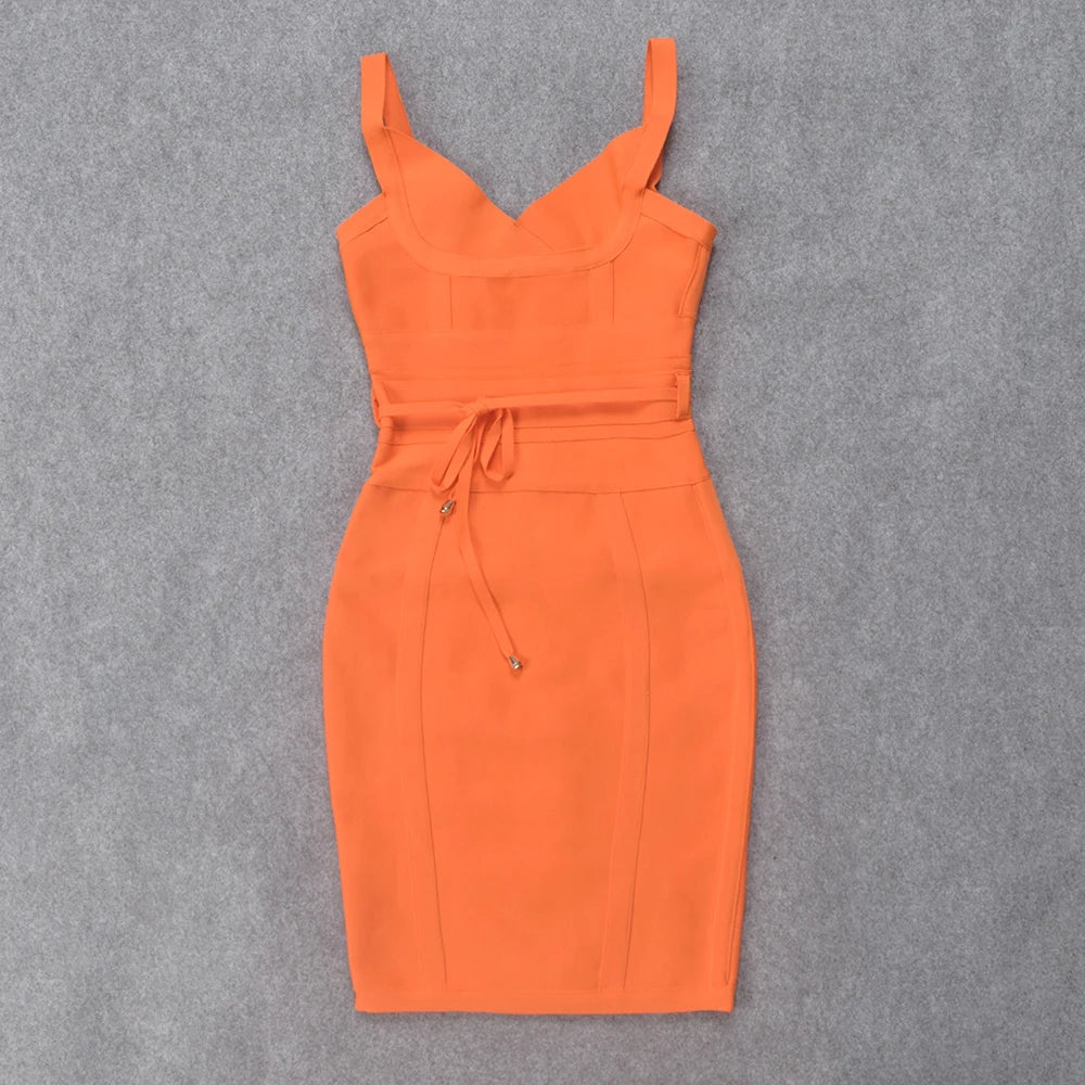 Womens Low Cut V Neck Sleeveless Bodycon Midi Dress Orange Bodycon Dresses JT's Designer Fashion