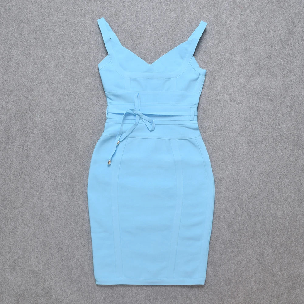 Womens Low Cut V Neck Sleeveless Bodycon Midi Dress Sky Blue Bodycon Dresses JT's Designer Fashion