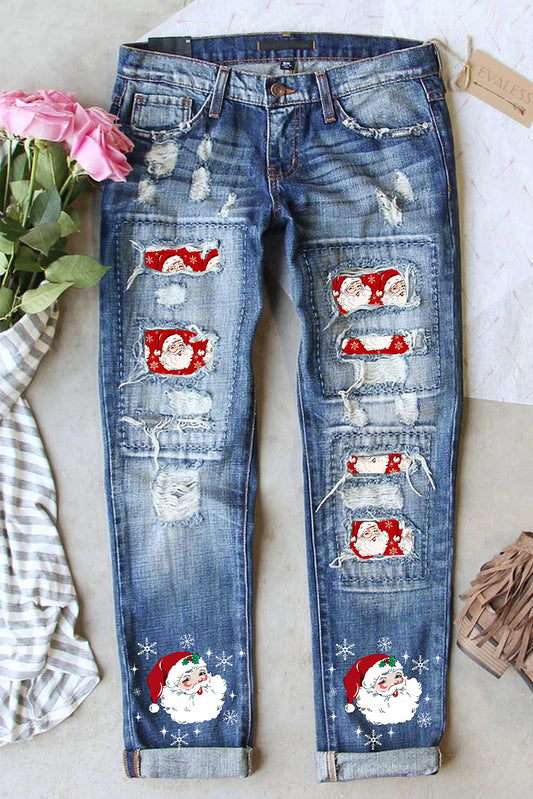 Sky Blue Christmas Santa Claus Patchwork Distressed Boyfriend Jeans Graphic Pants JT's Designer Fashion