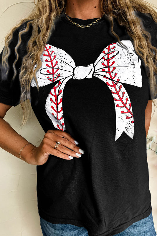 Black Baseball Bowknot Graphic Casual Tee Graphic Tees JT's Designer Fashion