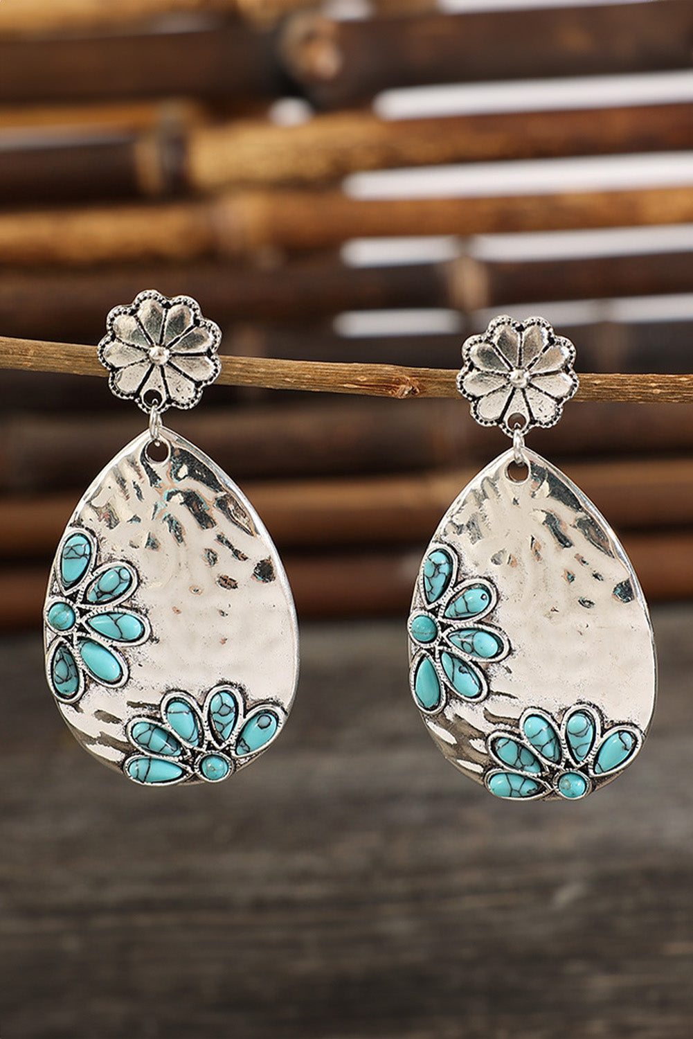 Silvery Western Turquoise Flower Studded Drop Earrings Jewelry JT's Designer Fashion