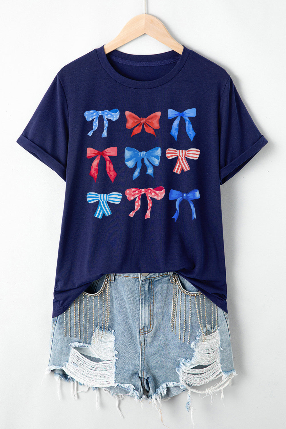 Blue Diverse Bowknot Print Independent Day Graphic Tee Graphic Tees JT's Designer Fashion