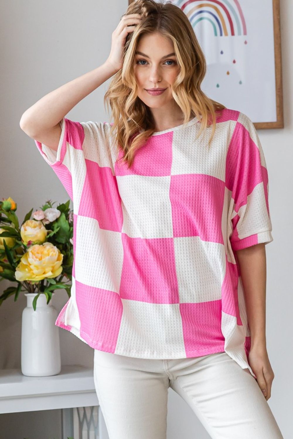 HOPELY Checkered Waffle Oversized T-Shirt Blouses & Shirts JT's Designer Fashion