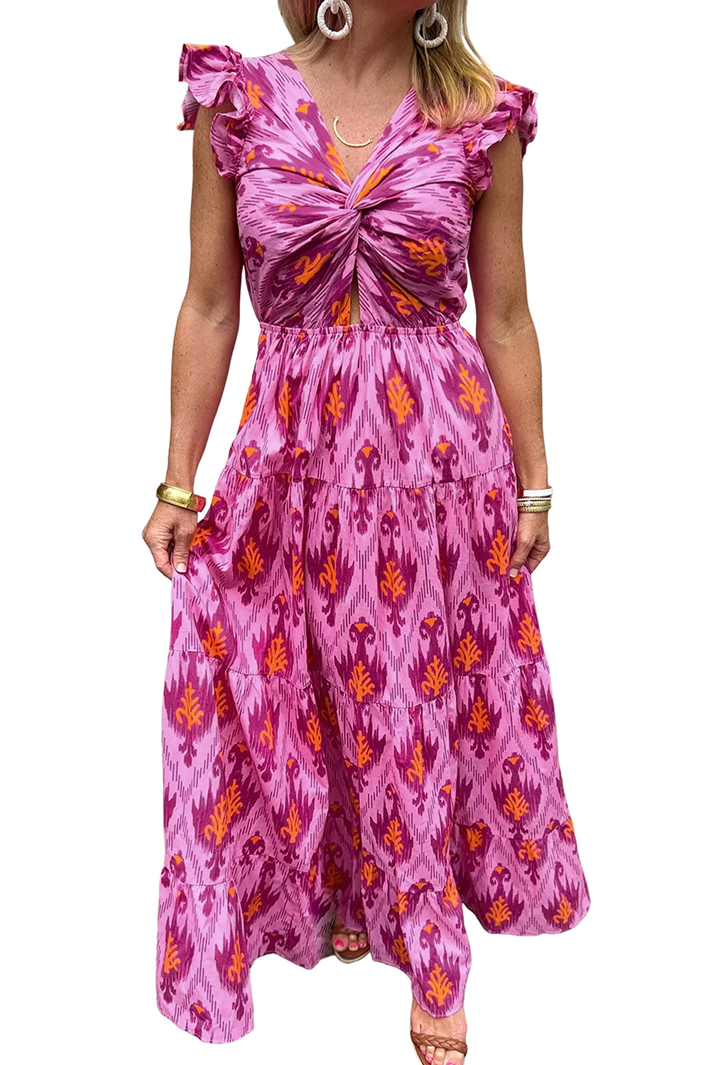 Bonbon Retro Print Twisted Front Ruffled Sleeve Maxi Dress Maxi Dresses JT's Designer Fashion