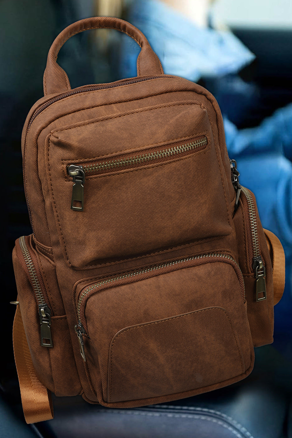 Chestnut Multi Pocket Zipped Retro Backpack Backpacks JT's Designer Fashion