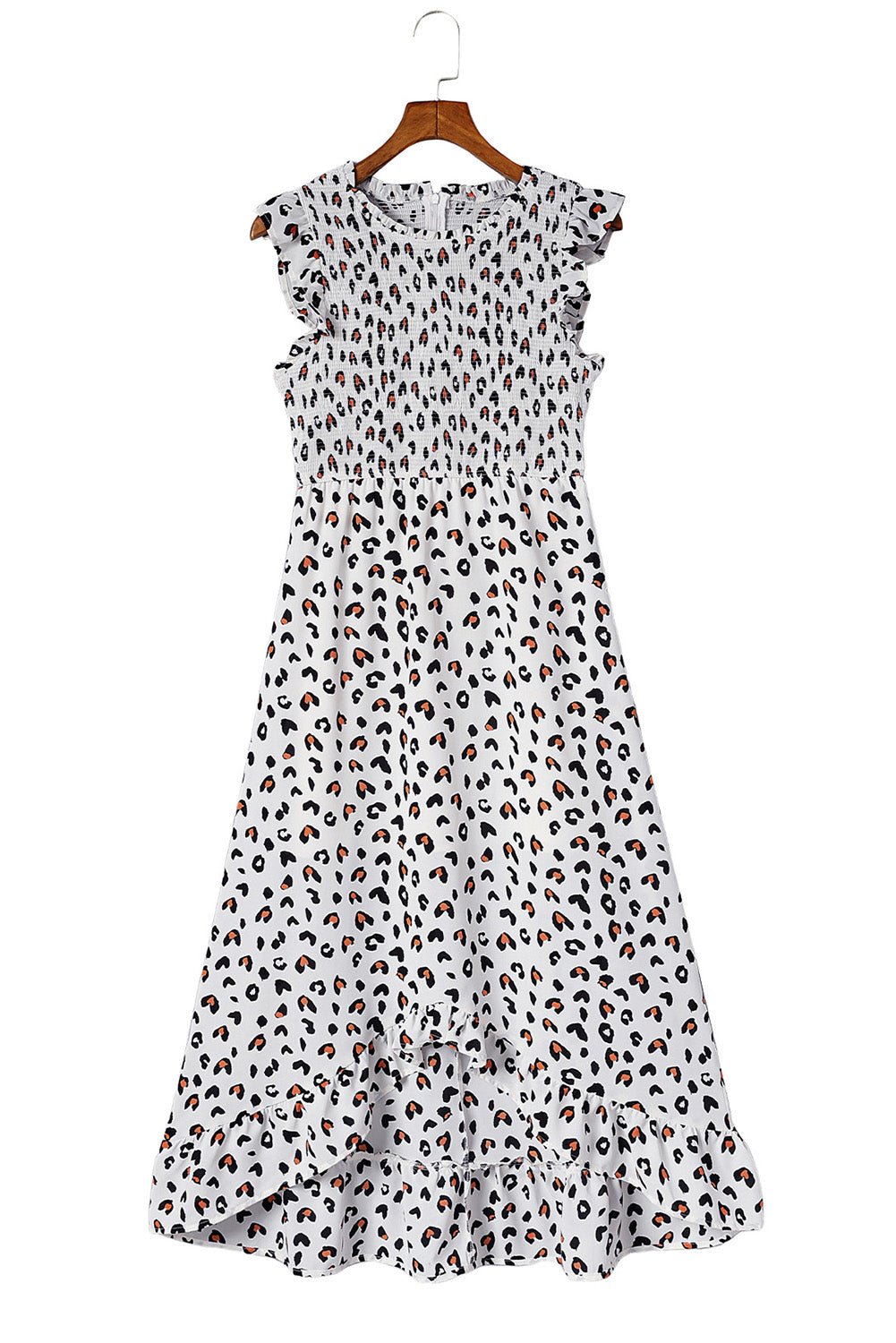 White Leopard Smocked High Low Midi Dress Midi Dresses JT's Designer Fashion