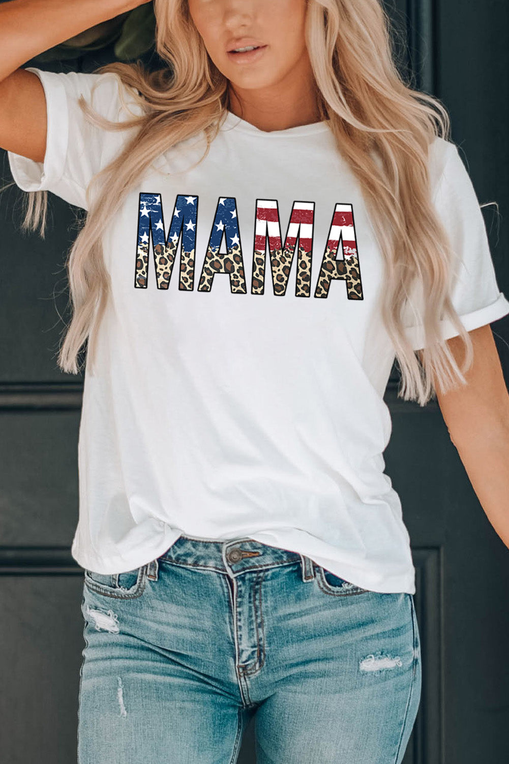 White MAMA Flag Leopard Letter Graphic Cotton T Shirt Graphic Tees JT's Designer Fashion