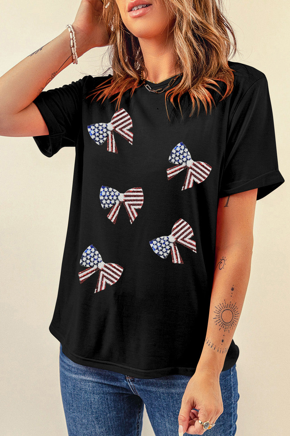 Black Sequined Flag Bowknot Graphic T Shirt Graphic Tees JT's Designer Fashion
