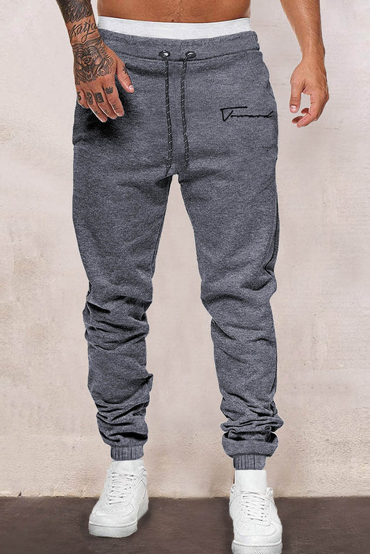 Gray Letter Print Drawstring Elastic Waist Men's Sweatpants Gray 65%Polyester+35%Cotton Men's Pants JT's Designer Fashion