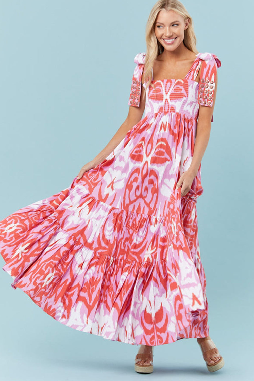 Rose Boho Gingham/Floral Tied Straps Smocked Maxi Dress Pre Order Dresses JT's Designer Fashion