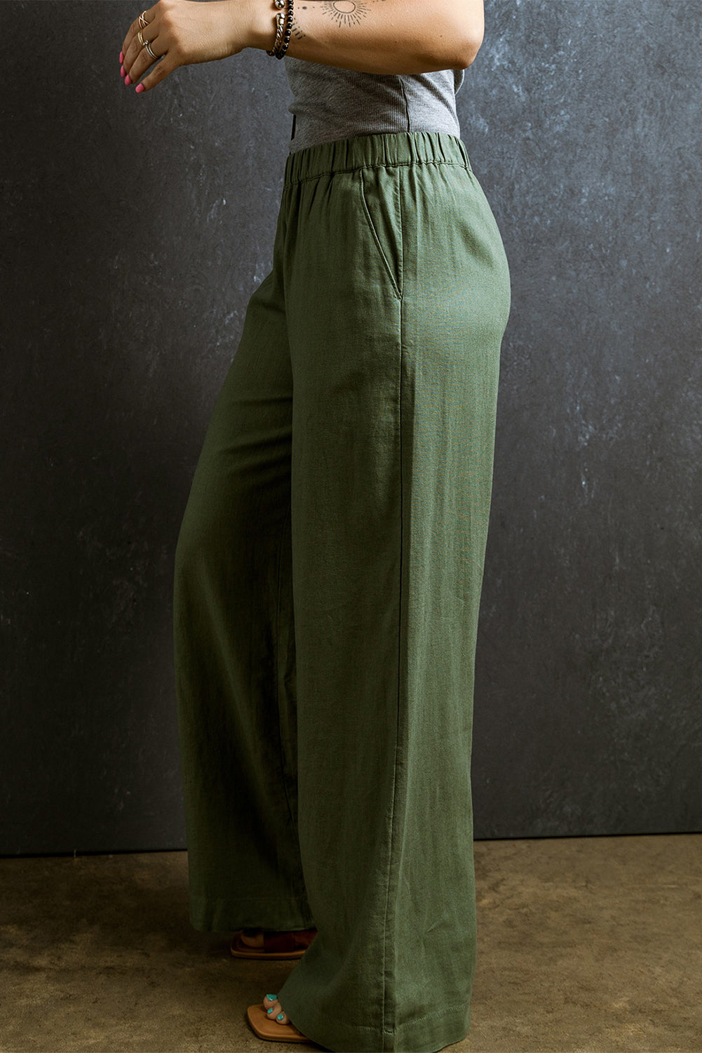 Fern Green Elastic Waist Casual Wide Leg Pants Pre Order Bottoms JT's Designer Fashion
