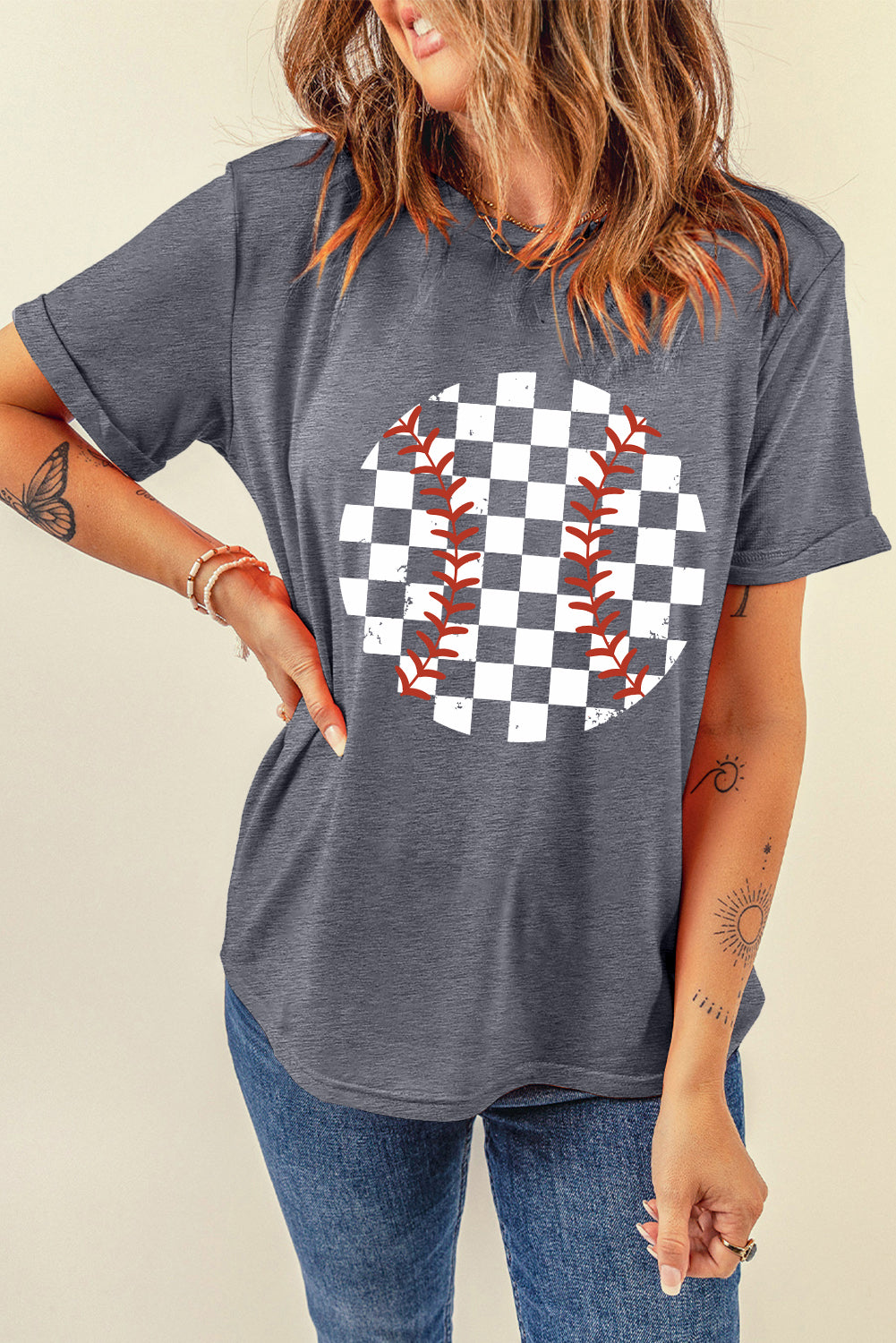 Gray Vintage Checkered Baseball Graphic Tee Graphic Tees JT's Designer Fashion
