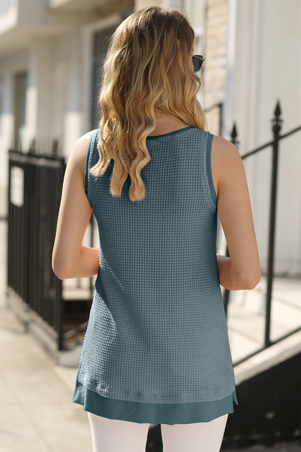 Real Teal Scoop Neck Waffle Knit Flowy Vest Pre Order Tops JT's Designer Fashion