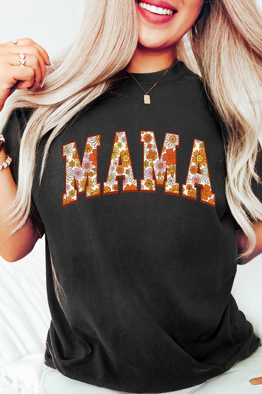 Black Flower Printed Mama Letter Graphic T-shirt Graphic Tees JT's Designer Fashion