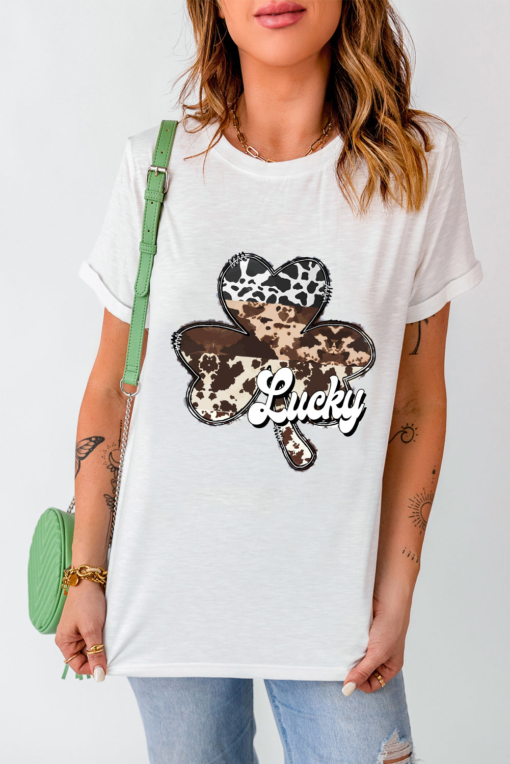 White Leopard Clover Lucky Graphic St. Patrick Graphic Tees JT's Designer Fashions Day Tee Graphic Tees JT's Designer Fashion
