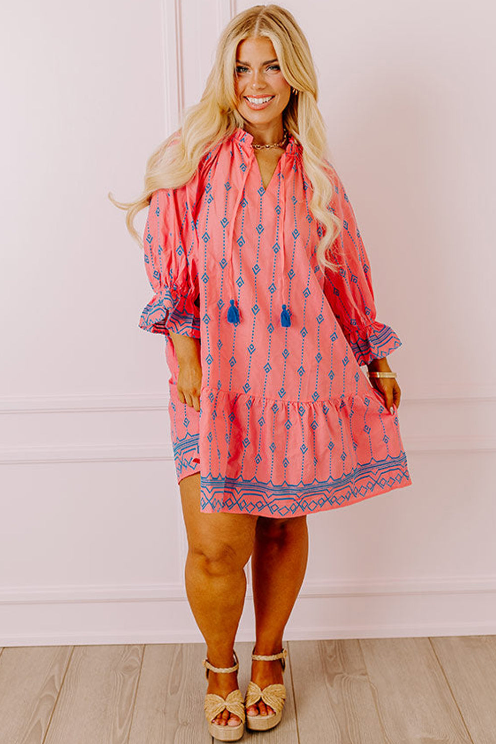 Pink Printed Tie Split Neck Flounce Sleeve Ruffle Curvy Dress Pre Order Plus Size JT's Designer Fashion