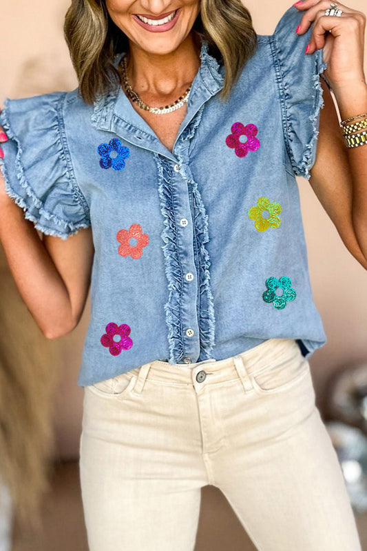 Beau Blue Sequin Flower Graphic Ruffled Sleeve Frayed Denim Top Graphic Tees JT's Designer Fashion