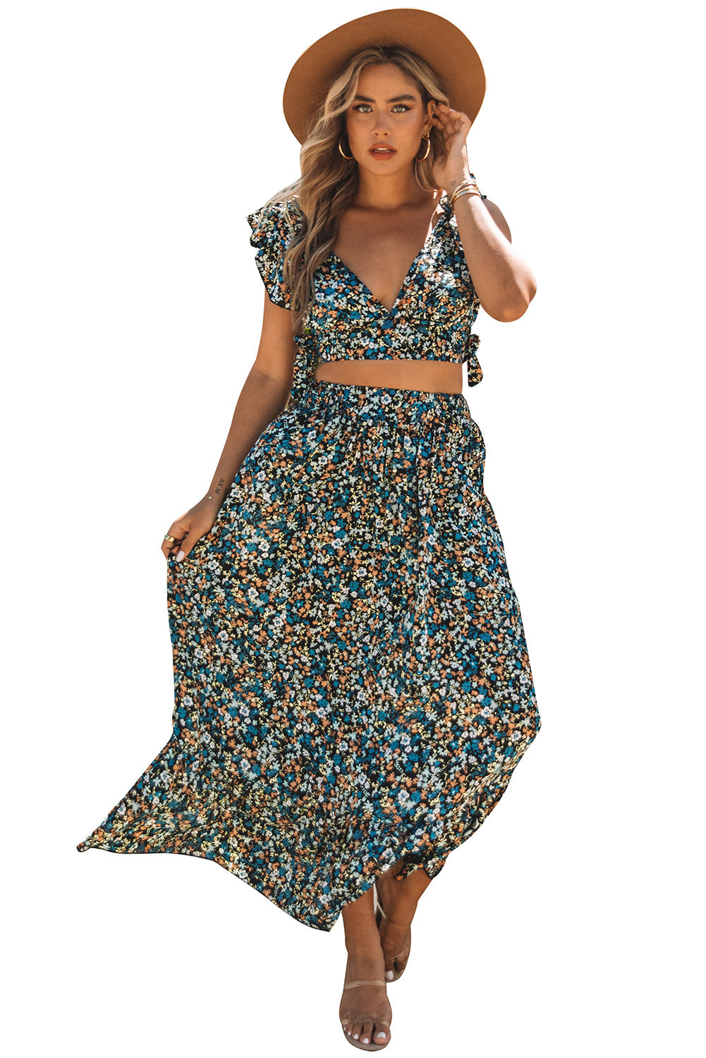 Multicolor Floral Ruffled Crop Top and Maxi Skirt Set Two Piece Dresses JT's Designer Fashion