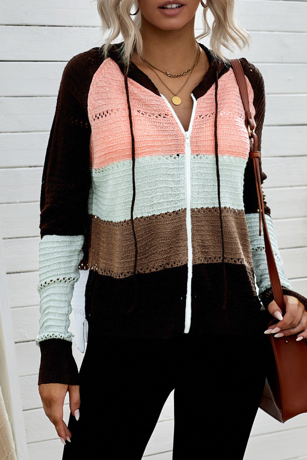 Brown Zipped Front Colorblock Hollow-out Knit Hoodie Sweatshirts & Hoodies JT's Designer Fashion