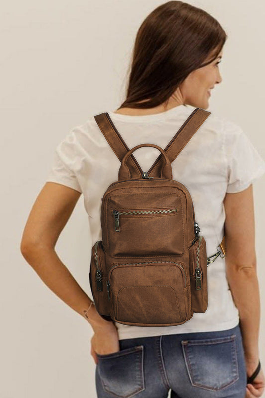 Chestnut Multi Pocket Zipped Retro Backpack Backpacks JT's Designer Fashion