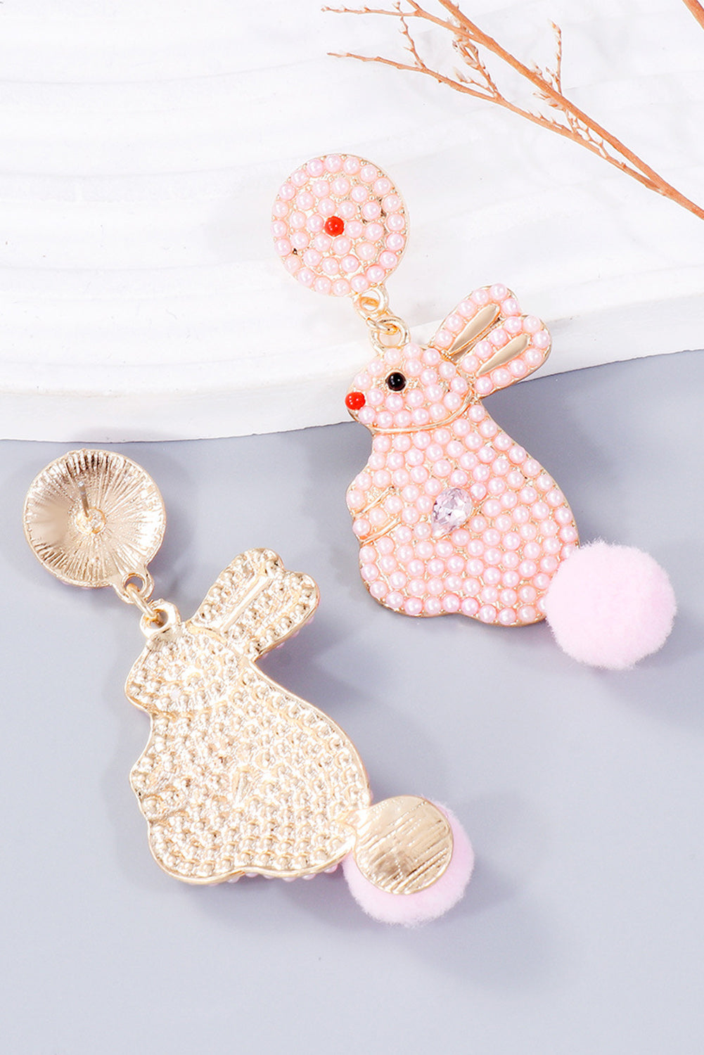 Pink Beaded Rhinestone Easter Rabbit Earrings Jewelry JT's Designer Fashion