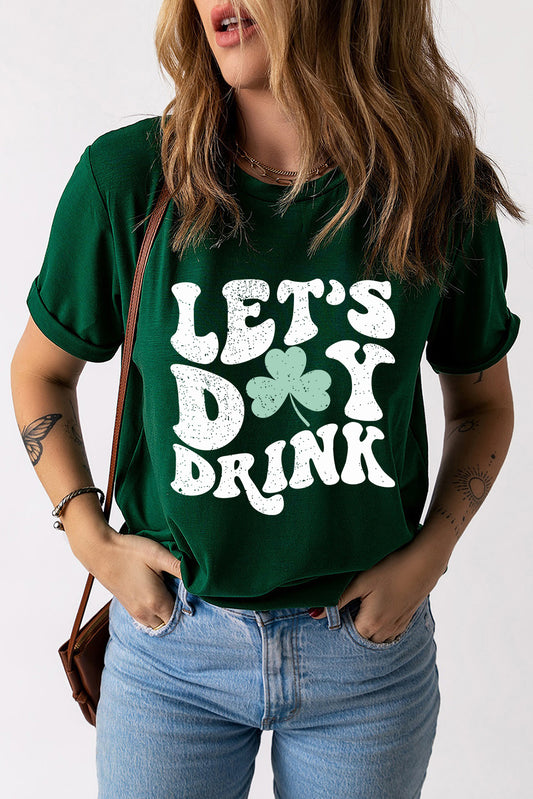 Green Lets Day Drink Clover Print Round Neck T Shirt Graphic Tees JT's Designer Fashion