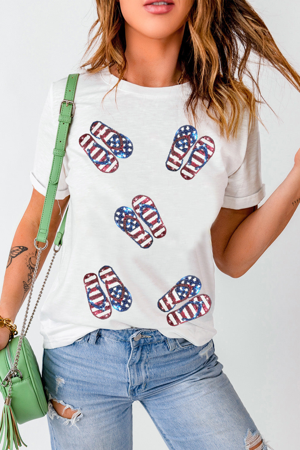 White Sequin American Flag Slipper Pattern Graphic T Shirt Graphic Tees JT's Designer Fashion