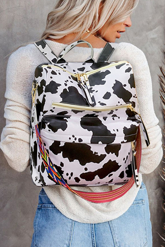 White Cow Print Multi Compartment PU Leather Backpack Backpacks JT's Designer Fashion