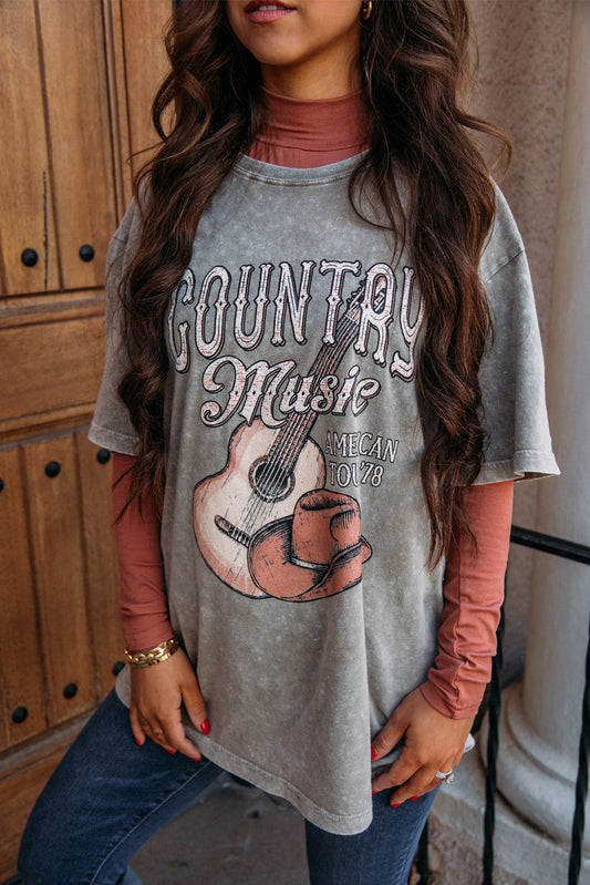 Gray Country Music Vintage Graphic Print Tee Graphic Tees JT's Designer Fashion