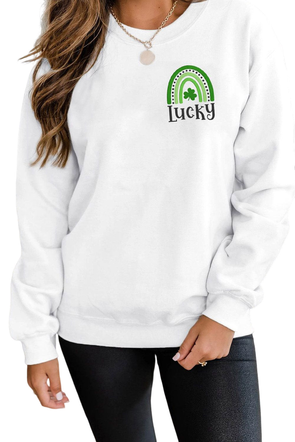 White Lucky Clover St Patrick Rainbow Graphic Sweatshirt Graphic Sweatshirts JT's Designer Fashion