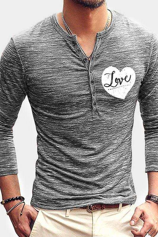 Men's Love Heart Print Buttons Slim-fit Long Sleeve T-shirt Gray 75%Cotton+23%Polyester+2%Spandex Men's Tops JT's Designer Fashion