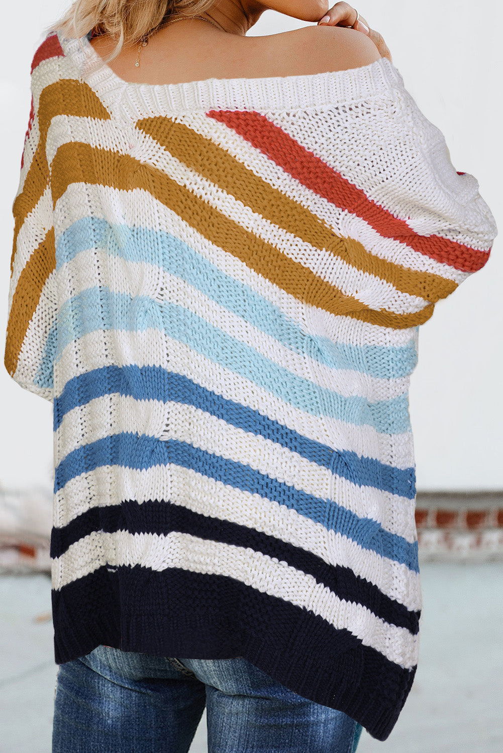 Multicolor Stripe Bubblegum V-Neck Braided Knit Sweater Sweaters & Cardigans JT's Designer Fashion