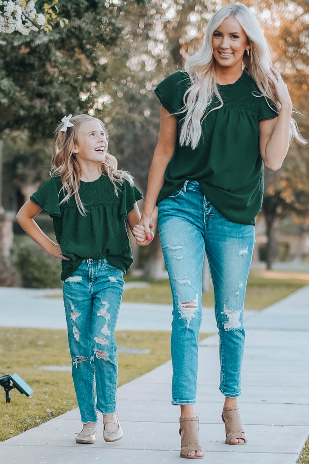 Green Tiered Sleeve Frilled Neck Dotted Top Family T-shirts JT's Designer Fashion