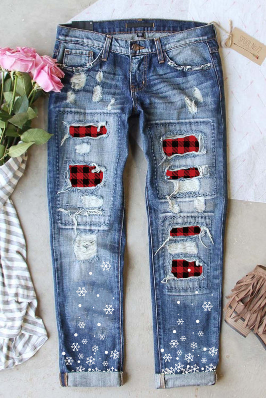 Sky Blue Buffalo Plaid Patch Christmas Snowflake Distressed Straight Jeans Graphic Pants JT's Designer Fashion