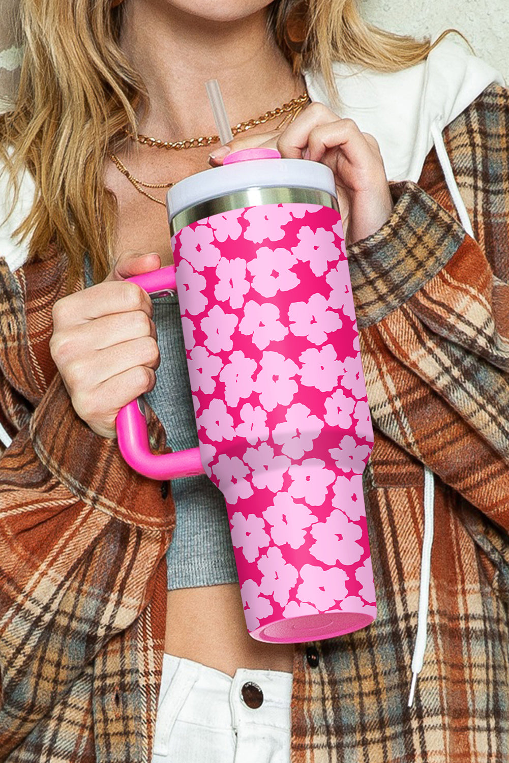 Rose Red Flower Allover Print Stainless Portable Cup 40oz Tumblers JT's Designer Fashion