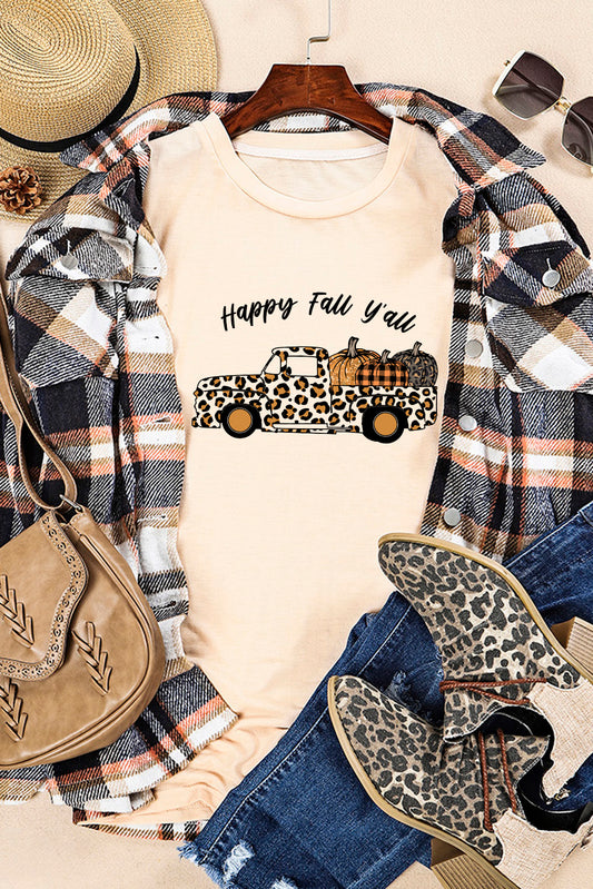 Khaki Happy Fall Leopard Truck Cute Pumpkin Graphic Tee Khaki 95%Polyester+5%Elastane Graphic Tees JT's Designer Fashion