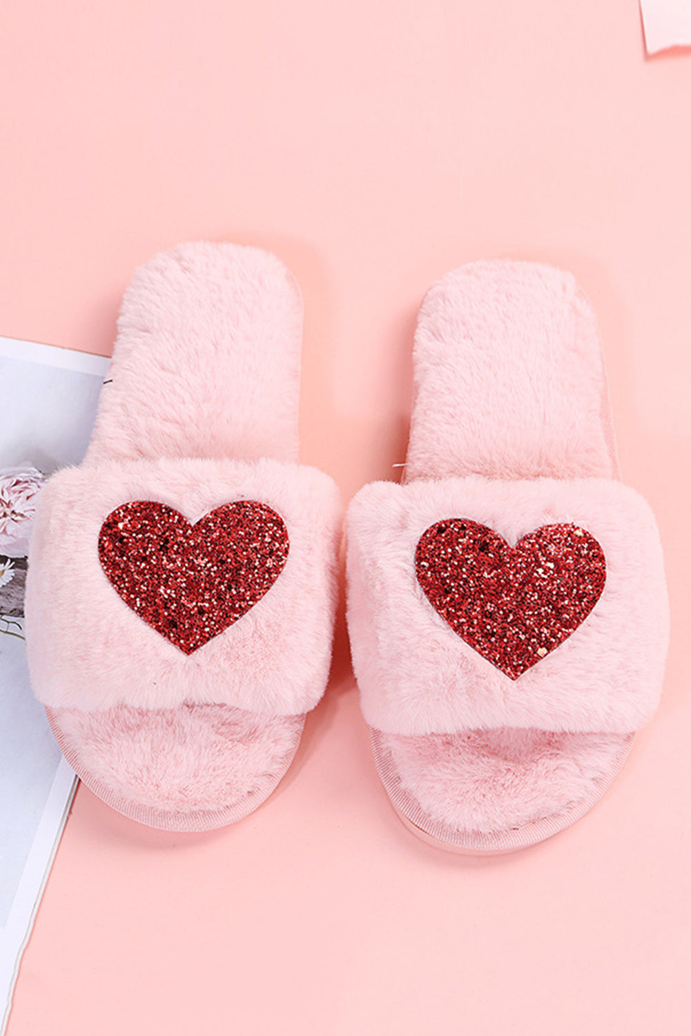 Pink Sequin Heart Shaped Slip On Plush Slippers Slippers JT's Designer Fashion