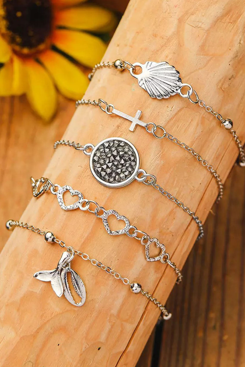 Silver 5Pcs Fishtail Shell Heart Cross Alloy Bracelet Set Jewelry JT's Designer Fashion