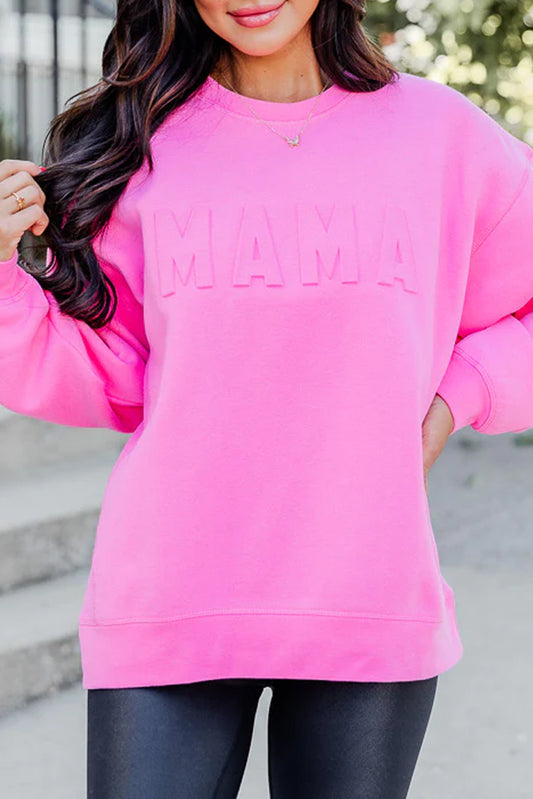 Bright Pink MAMA Letter Embossed Casual Sweatshirt Sweatshirts & Hoodies JT's Designer Fashion