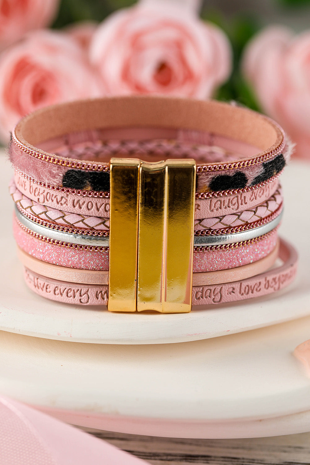 Pink Leopard Letter Print Heart Shaped Magnetic Buckle Bracelet Jewelry JT's Designer Fashion