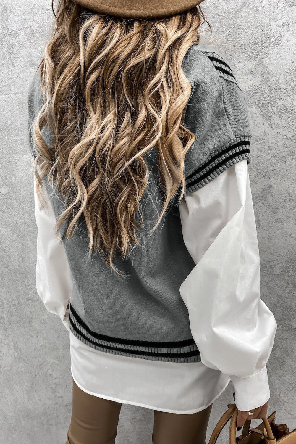 Gray V Neck Contrast Stripes Trims Short Sleeve Sweater Sweaters & Cardigans JT's Designer Fashion