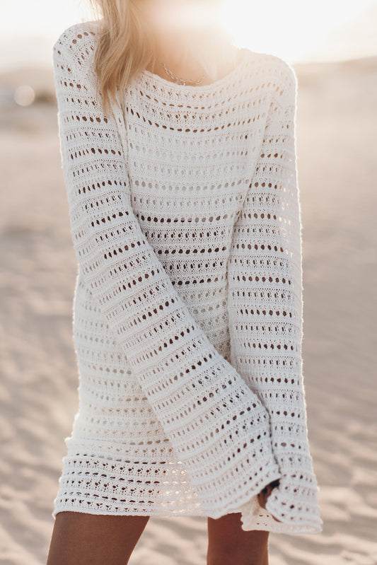 White Boho Crochet Knit Backless Flared Sleeves Beach Dress Pre Order Swimsuits JT's Designer Fashion
